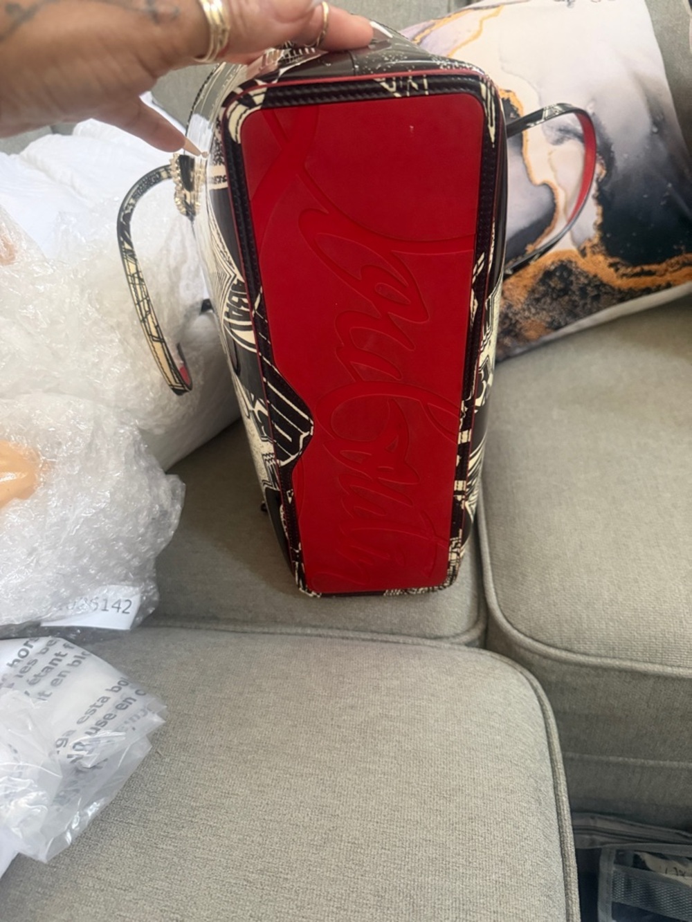 Christian Louboutin Black & White Graffiti Patent Tote with Red Trim. - Picture 5 of 6